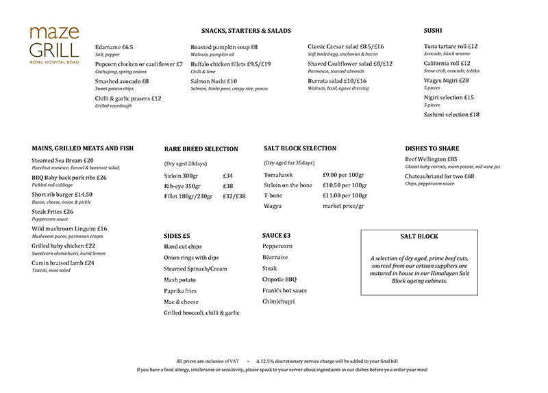 Maze Grill Menu